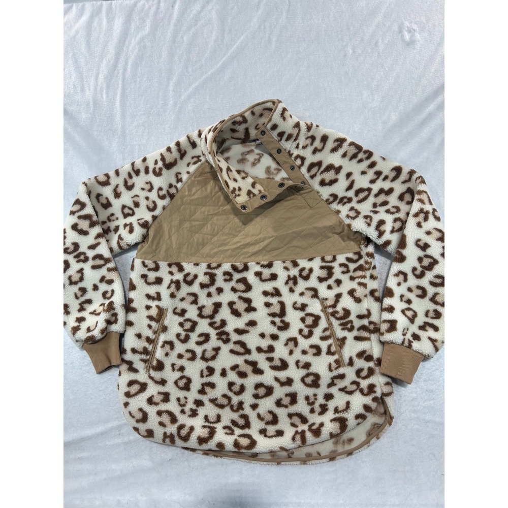 White Birch Leopard Print Fleece Pullover Snap Neck Quilted Panel Brown Small